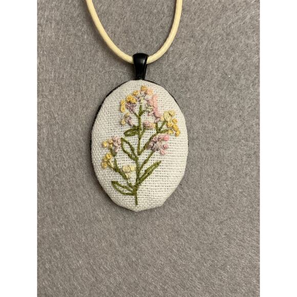 Delicate Wildflower Embroidery Necklace in Bezel - Handmade Jewelry - Picture 2 of 5